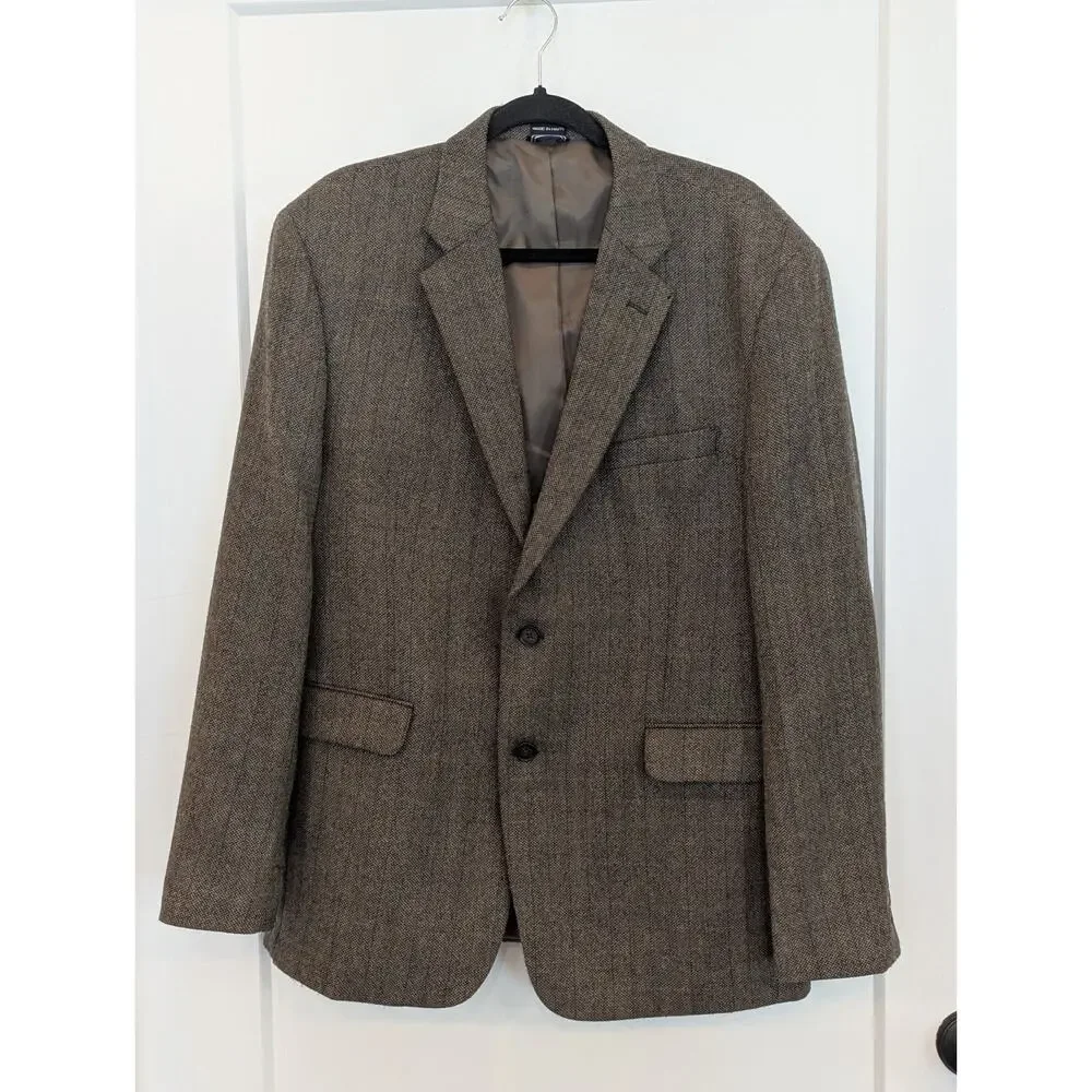 Nautica Mens 44R Blazer Beige Brown Sports Coat Elbow Patches 100% Wool Academia
